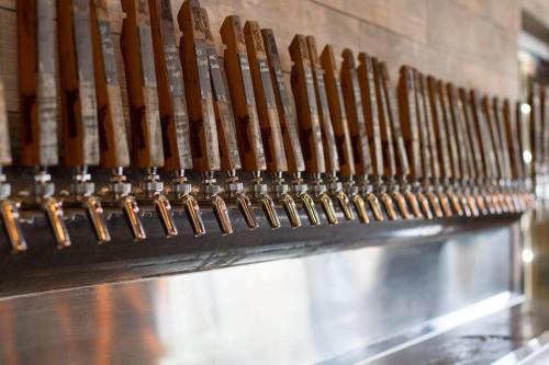 A row of beer taps with wooden handles lined up on a bar counter.
