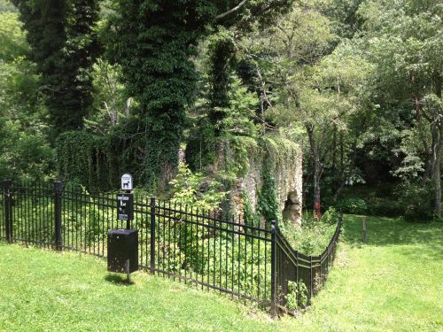 Ruins covered in greenery, surrounded by a black fence, set in a lush, wooded area.