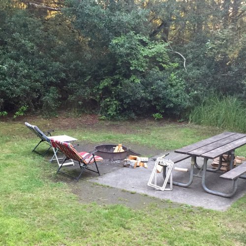 A campsite with two chairs, a picnic table, and a fire pit surrounded by greenery.