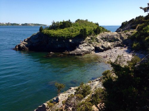 A rocky coastline with lush greenery, calm blue water, and a small beach area under a clear blue sky.