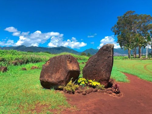 Two large rocks surrounded by greenery, with mountains and a bright blue sky in the background.