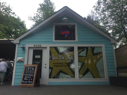 A light blue café with a sign reading "Open" and large star decorations in the windows, surrounded by trees.