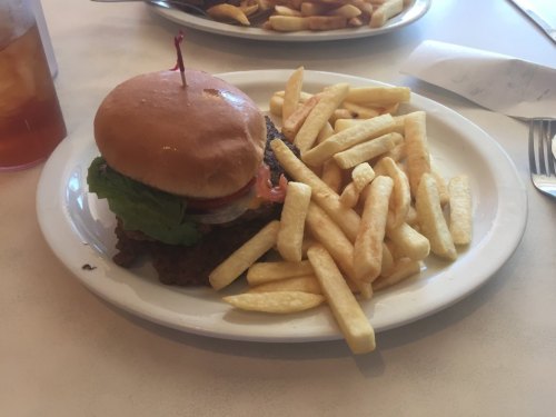 A plate with a burger topped with lettuce and tomato, accompanied by a side of golden French fries.
