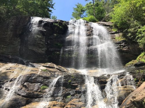A cascading waterfall flows over rocky cliffs, surrounded by lush green trees under a clear blue sky.