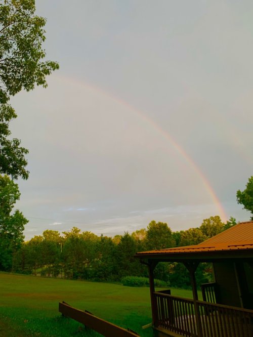 A vibrant rainbow arcs over a green landscape, with trees and a wooden porch in the foreground.