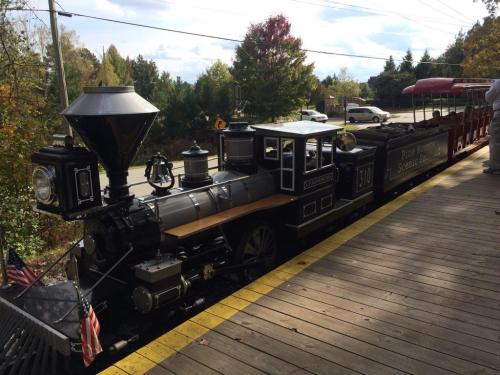 A vintage steam locomotive parked on a wooden platform, surrounded by trees and a scenic backdrop.