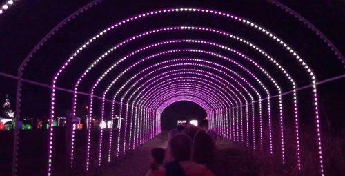 A colorful light tunnel with pink and purple lights, people walking through it at night.