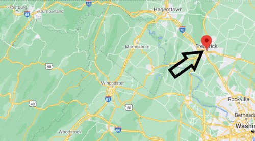 Map highlighting Frederick, Maryland, with an arrow pointing to its location among surrounding areas.
