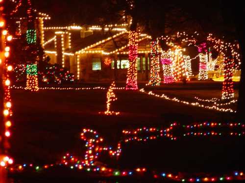 A festive scene with colorful holiday lights adorning trees and houses, creating a cheerful atmosphere at night.