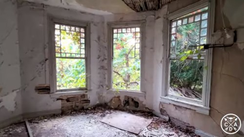 Abandoned room with peeling walls and three windows showing overgrown greenery outside.