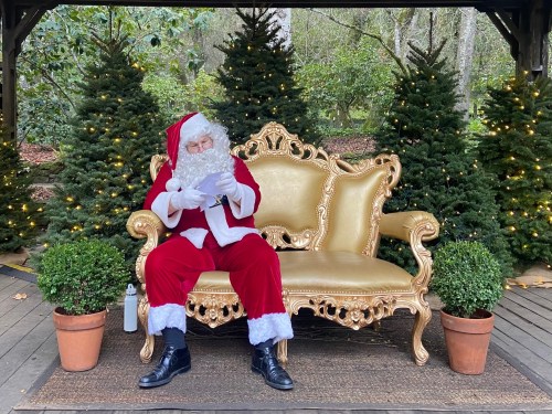 Santa Claus in a red suit sits on a golden couch, reading a list, surrounded by decorated evergreen trees.