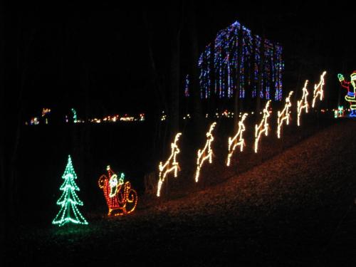 Colorful holiday lights illuminate a dark scene, featuring a tree, sleigh, and dancing figures on a hillside.