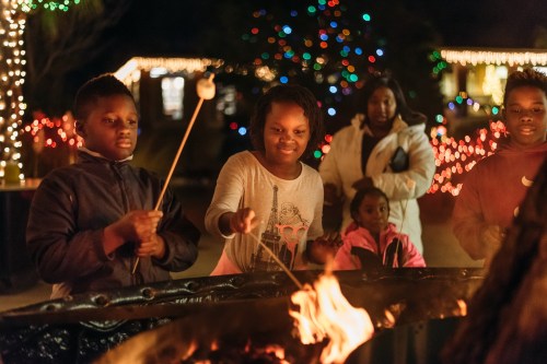 Children roasting marshmallows over a fire, with festive lights and decorations in the background.