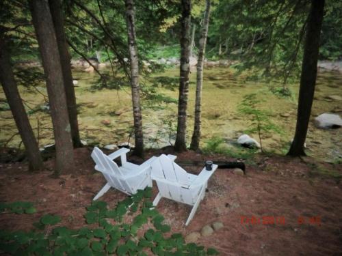 Two white Adirondack chairs by a serene river, surrounded by trees and greenery. A peaceful outdoor setting.