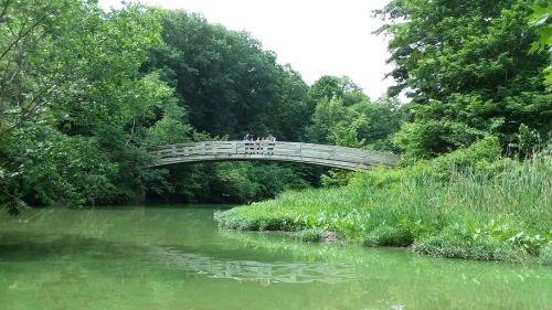 A wooden bridge arches over a green river, surrounded by lush trees and vegetation. People stand on the bridge.