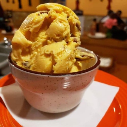 A bowl of creamy yellow ice cream with chocolate chunks, served on a red plate with a white napkin underneath.