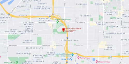 Map showing Tempe Diablo Stadium location in Tempe, Arizona, near major roads and landmarks.