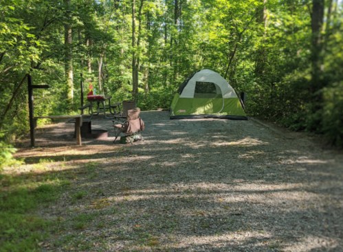 A campsite in a wooded area featuring a green tent, picnic table, and chairs on a gravel surface.