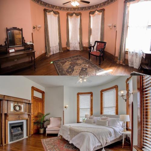 A before-and-after image of a room, showing a dated space transformed into a bright, modern bedroom with elegant decor.