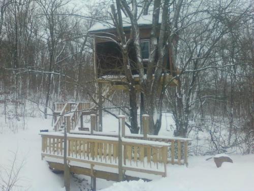 A snow-covered treehouse perched in a tree, with a wooden deck leading up to it in a winter landscape.