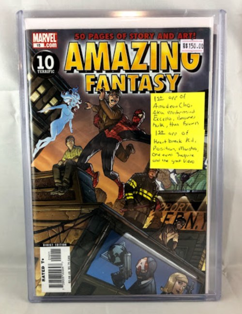 Cover of "Amazing Fantasy" comic featuring Spider-Man, with a price tag and a sticky note with handwritten text.