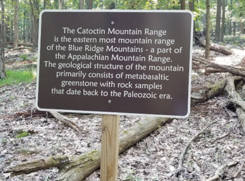 Sign about the Catoctin Mountain Range, detailing its geological structure and historical significance.