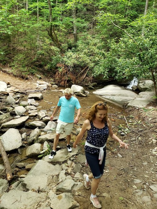A man and woman walk along a rocky path by a stream in a lush, green forest.