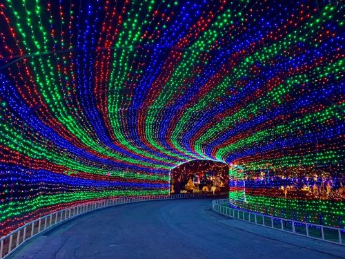 A colorful tunnel of red, green, and blue lights creates a festive atmosphere along a winding path.