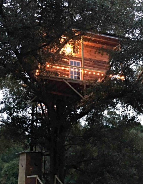 A cozy treehouse illuminated with warm lights, nestled among lush green trees at dusk.
