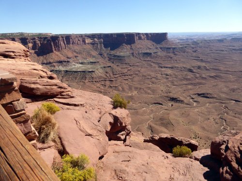A vast desert landscape with rocky cliffs and canyons under a clear blue sky. Green shrubs dot the foreground.
