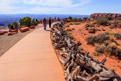 A scenic pathway with visitors walking, surrounded by red rock formations and desert vegetation under a blue sky.