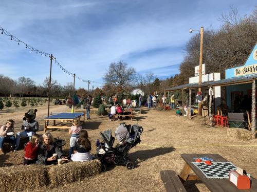 A festive outdoor scene with families enjoying a holiday market, surrounded by Christmas trees and rustic decorations.