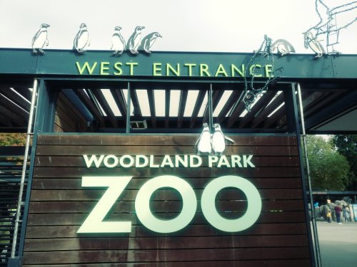 Sign for the West Entrance of Woodland Park Zoo, featuring decorative penguin sculptures above the entrance.