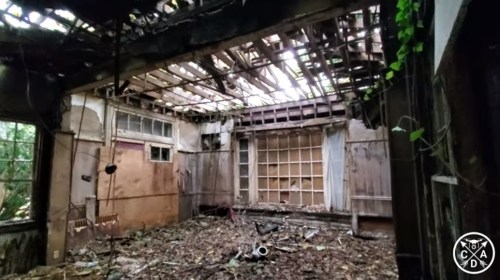 Abandoned room with a collapsed roof, overgrown with plants and debris on the floor, creating a haunting atmosphere.