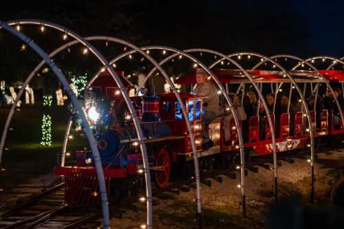 A festive train with passengers rides through a decorated pathway lit by string lights at night.