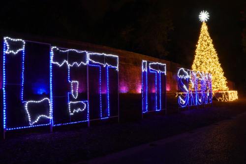 A brightly lit holiday display featuring a Christmas tree and the words "LET IT SNOW" in colorful lights.