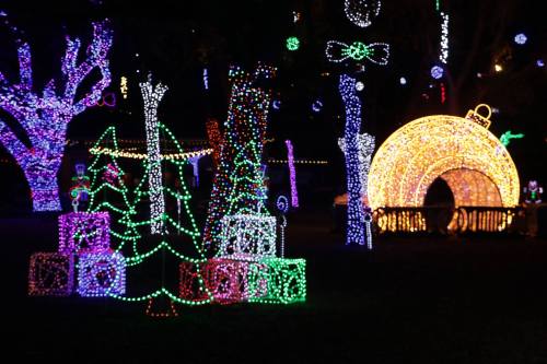 Colorful holiday lights illuminate trees and decorations, creating a festive atmosphere in a nighttime setting.