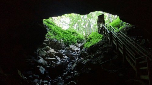 View from inside a cave, showing a rocky path and wooden stairs leading to a bright, green forest outside.