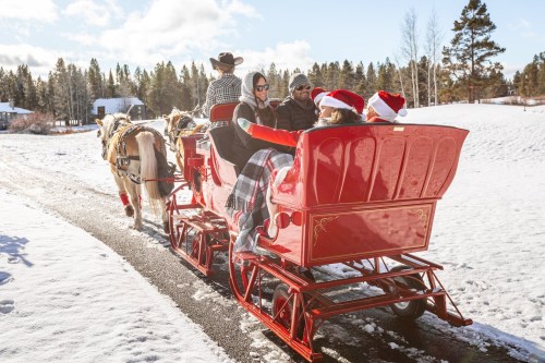 A festive sleigh ride through the snow, with people wearing Santa hats and cozy blankets, pulled by a horse.