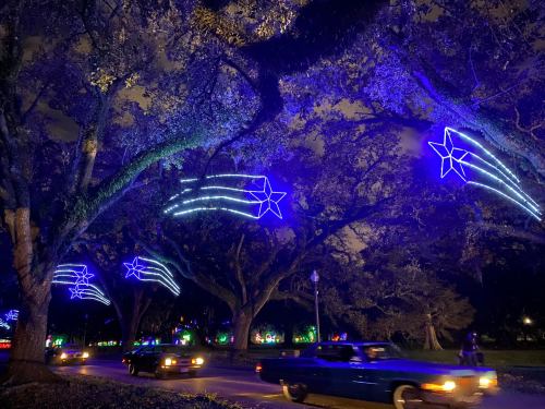 A nighttime scene with blue star-shaped lights hanging from trees, illuminating a street with passing cars.