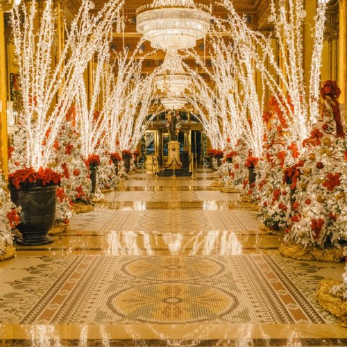 A beautifully decorated hallway with sparkling lights, festive trees, and elegant chandeliers, creating a magical holiday atmosphere.