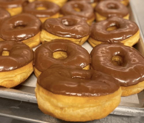 A tray of freshly baked donuts topped with glossy chocolate icing.