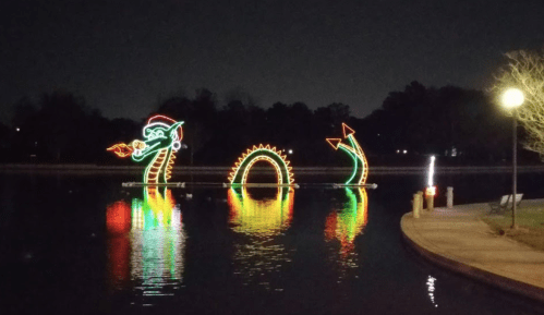 Colorful holiday lights depict a dragon wearing a Santa hat, reflected in a dark lake at night.
