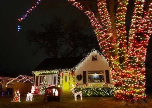 A cozy house decorated with colorful Christmas lights and festive decorations, including reindeer and a glowing tree.