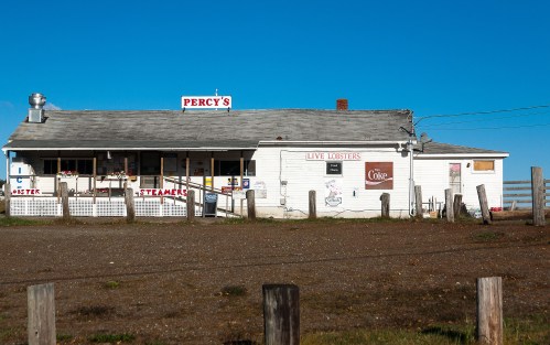 A small seafood shack named "Percy's" with a sign for live lobsters, set against a clear blue sky.