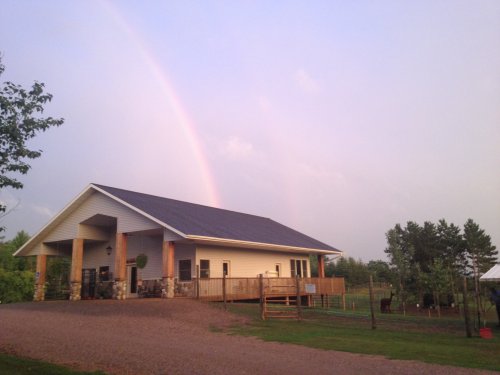 A modern house with a porch, surrounded by greenery, under a rainbow in a cloudy sky.