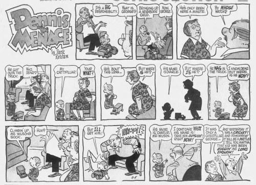 A comic strip featuring Dennis the Menace causing chaos while discussing a missing cat and a truck with his neighbor.