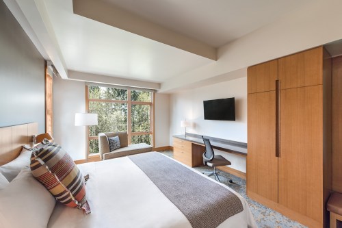 A modern hotel room featuring a bed, desk, TV, and large window with natural light and a view of greenery outside.
