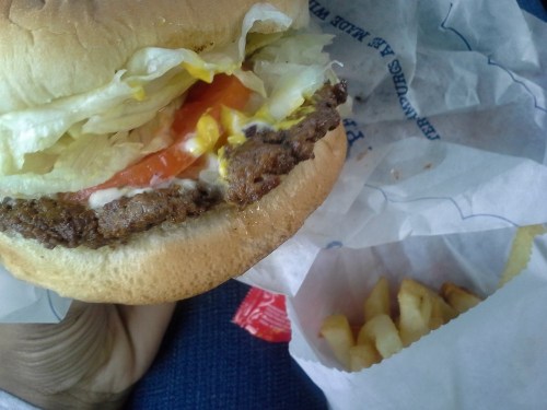 A close-up of a hamburger with lettuce, tomato, and mustard, next to a small serving of French fries.