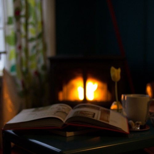 A cozy scene with an open book, a cup, and a flower, illuminated by a warm fireplace glow in the background.